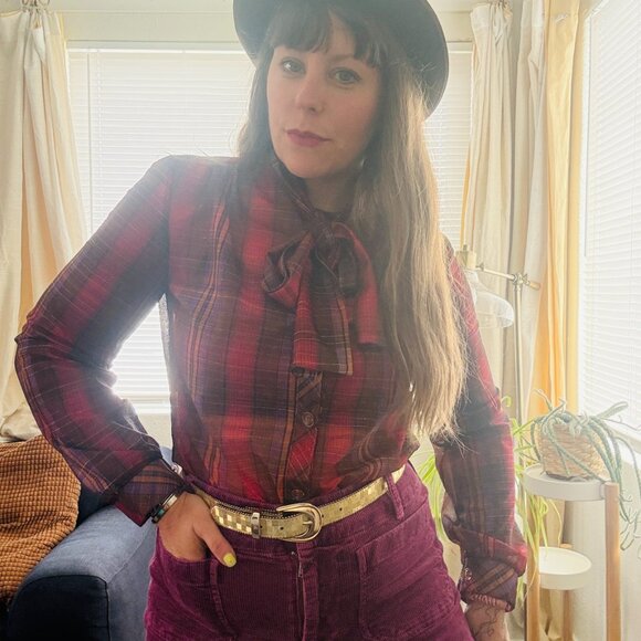 Vintage Blouse 70s Miss Capri Check Plaid Secretary Bow Blouse | Small - Picture 13 of 13